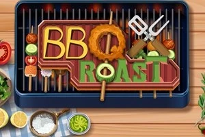 바베큐 그릴 위에 BBQ ROAST라는 문구가 음식 재료와 함께 장식되어 있다