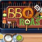 바베큐 그릴 위에 BBQ ROAST라는 문구가 음식 재료와 함께 장식되어 있다