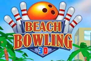 볼링공과 핀, BEACH BOWLING 3D라는 글자가 있는 해변 배경