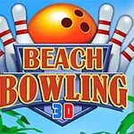 볼링공과 핀, BEACH BOWLING 3D라는 글자가 있는 해변 배경