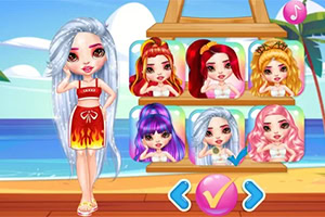 해변을 배경으로 다양한 헤어스타일을 가진 아바타 선택 화면