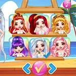 해변을 배경으로 다양한 헤어스타일을 가진 아바타 선택 화면