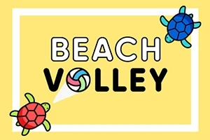 노란색 배경에 BEACH VOLLEY라는 문구와 함께 두 마리의 색색깔 거북이가 있는 이미지