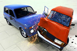 두 대의 차량, 파란색과 빨간색,이 충돌하여 파편과 불꽃이 튀는 모습