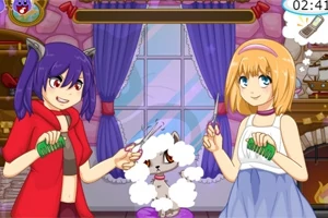 두 소녀가 창문 앞에서 양쪽에 서서 푸들을 빗질하고 있는 장면