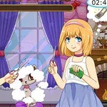 두 소녀가 창문 앞에서 양쪽에 서서 푸들을 빗질하고 있는 장면