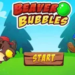 빨간 모자와 파란 모자를 쓴 두 마리의 비버가 나무 사이에서 서로 마주보며 미소 짓고 있고, 초록색 풀밭 위에 START 버튼이 있다