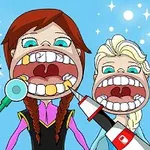 세 명의 만화 캐릭터들이 입을 크게 벌리고 치과 도구가 이를 검사하고 있는 장면