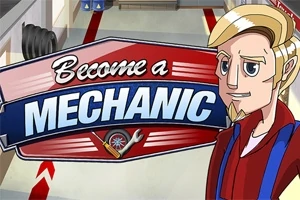 만화 스타일의 남성 캐릭터와 Become a Mechanic라는 글자가 있는 배너