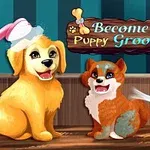 두 마리의 강아지가 목욕 준비를 하며 드라이기와 빗이 함께 놓여 있다