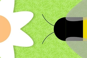 초록 배경 위에서 꽃과 벌이 마주보고 있는 이미지