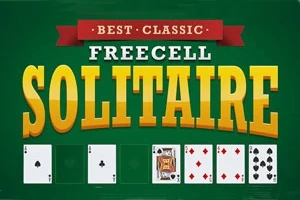 녹색 배경에 BEST CLASSIC FREECELL SOLITAIRE라는 큰 노란색 텍스트와 함께 여러 장의 카드가 배열되어 있습니다