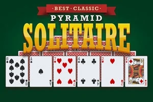 여러 가지 카드가 나열된 파란색 배경 위에 BEST CLASSIC PYRAMID SOLITAIRE라는 글자가 적힌 이미지