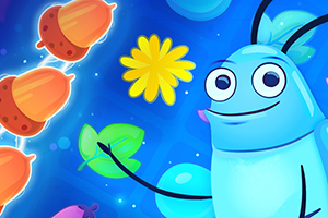 파란 배경에 벌레 캐릭터가 잎을 들고 있고, 도토리와 노란 꽃이 함께 있는 모습