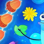 파란 배경에 벌레 캐릭터가 잎을 들고 있고, 도토리와 노란 꽃이 함께 있는 모습