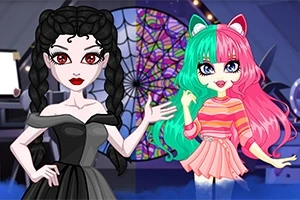 두 애니메이션 소녀가 있고, 검은 드레스를 입은 소녀와 형형색색의 머리카락과 고양이 귀 머리띠를 쓴 소녀가 밝은 옷을 입고 있다