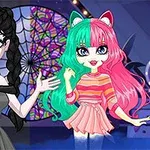 두 애니메이션 소녀가 있고, 검은 드레스를 입은 소녀와 형형색색의 머리카락과 고양이 귀 머리띠를 쓴 소녀가 밝은 옷을 입고 있다