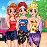 세 명의 여성이 해변가에서 각각 여름 의상을 입고 미소를 지으며 포즈를 취하고 있으며, 뒤에는 분홍색 차가 배경으로 보입니다