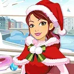 산타 모자를 쓴 여성이 빨간 망토를 입고 창문 너머로 눈 덮인 풍경이 보이는 방에 서 있는 모습