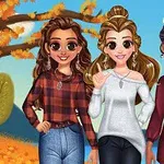 세 명의 애니메이션 여성 캐릭터가 가을 배경 앞에 서 있다