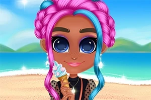 핑크색과 파란색 머리를 가진 캐릭터가 해변에서 아이스크림을 들고 있는 모습
