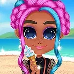 핑크색과 파란색 머리를 가진 캐릭터가 해변에서 아이스크림을 들고 있는 모습