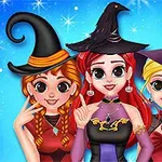 세 명의 마녀 복장을 한 소녀들이 마법 모자를 쓰고 포즈를 취하고 있다