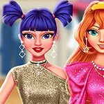 두 명의 캐릭터가 금색과 분홍색 반짝이 드레스를 입고 미소 짓고 있는 모습