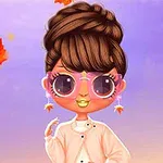 큰 안경을 쓴 캐릭터가 가을 단풍 배경 앞에서 포즈를 취하고 있습니다