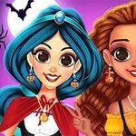 두 명의 캐릭터가 할로윈 테마의 귀여운 의상을 입고 있는 모습