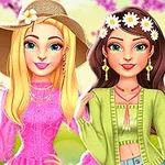 두 명의 여성 캐릭터가 밝은 옷을 입고 꽃이 핀 배경 앞에 서 있다