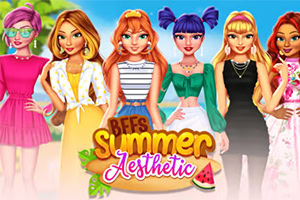 다양한 여섯 명의 여성 캐릭터들이 여름 복장을 입고 나란히 서 있는 모습