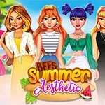 다양한 여섯 명의 여성 캐릭터들이 여름 복장을 입고 나란히 서 있는 모습