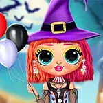 마녀 모자를 쓴 소녀가 빨간색, 검은색, 흰색 풍선을 들고 있는 이미지