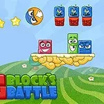 밝은 색상의 블록과 별이 떠 있는 구름 위에 위치한 웃는 얼굴의 블록들, 캐논과 알록달록한 텍스트가 있는 장면