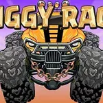 거대한 바퀴와 체인이 있는 노란색 몬스터 트럭이 중앙에 위치해 있고, 위에 BIGGY RACE라는 글자가 적혀 있다