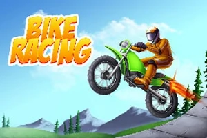 초록색 오토바이를 탄 헬멧 쓴 라이더가 점프하며 달리고 있는 모습과 BIKE RACING이라는 글자가 있는 풍경