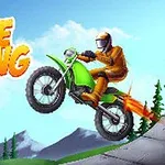초록색 오토바이를 탄 헬멧 쓴 라이더가 점프하며 달리고 있는 모습과 BIKE RACING이라는 글자가 있는 풍경