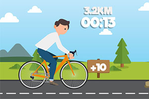 한 남자가 푸른 하늘 아래 도로를 따라 자전거를 타고 있으며, 주변에 나무와 산이 보입니다