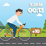 한 남자가 푸른 하늘 아래 도로를 따라 자전거를 타고 있으며, 주변에 나무와 산이 보입니다