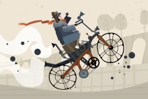 털 달린 모자를 쓴 인물이 두 바퀴 자전거를 타고 점프하는 모습