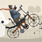 털 달린 모자를 쓴 인물이 두 바퀴 자전거를 타고 점프하는 모습