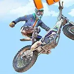 오토바이를 탄 라이더가 푸른 하늘을 배경으로 공중 묘기를 부리고 있다