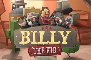 서부 마을 배경에 다섯 명의 카우보이와 BILLY THE KID라는 글자가 있는 이미지