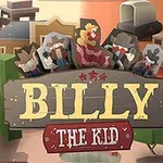 서부 마을 배경에 다섯 명의 카우보이와 BILLY THE KID라는 글자가 있는 이미지
