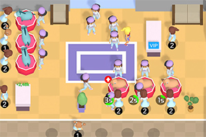 보라색 유니폼을 입은 사람들이 줄을 서 있는 장면과 다양한 숫자가 적힌 테이블이 있는 실내 공간