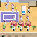 보라색 유니폼을 입은 사람들이 줄을 서 있는 장면과 다양한 숫자가 적힌 테이블이 있는 실내 공간