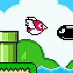 픽셀 스타일의 게임 이미지로, 빨간 새가 총알과 파이프 사이를 지나가는 모습이 그려져 있다