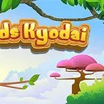 나무 위에 여러 마리의 만화 스타일 새들과 분홍색 나무가 있는 풍경