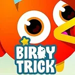 귀여운 만화 스타일의 빨간색 새와 그 아래의 BIRDY TRICK 텍스트